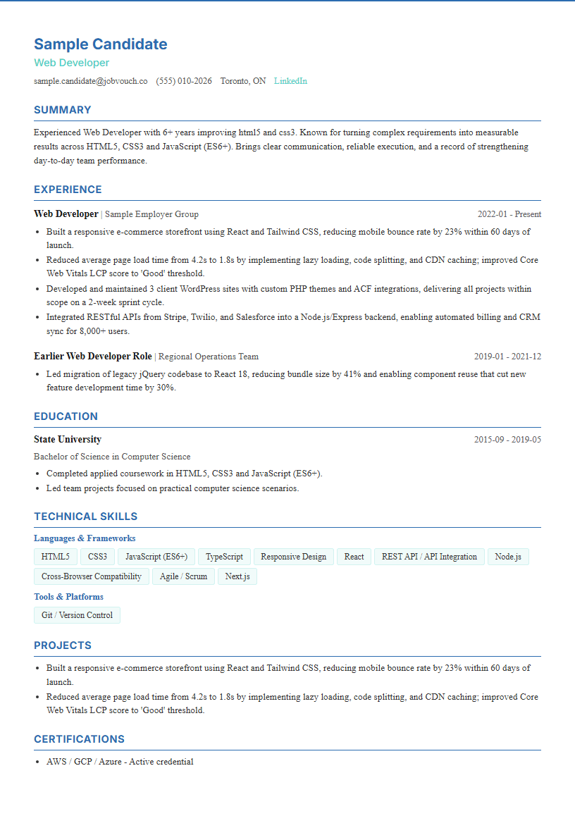Web Developer resume template preview
