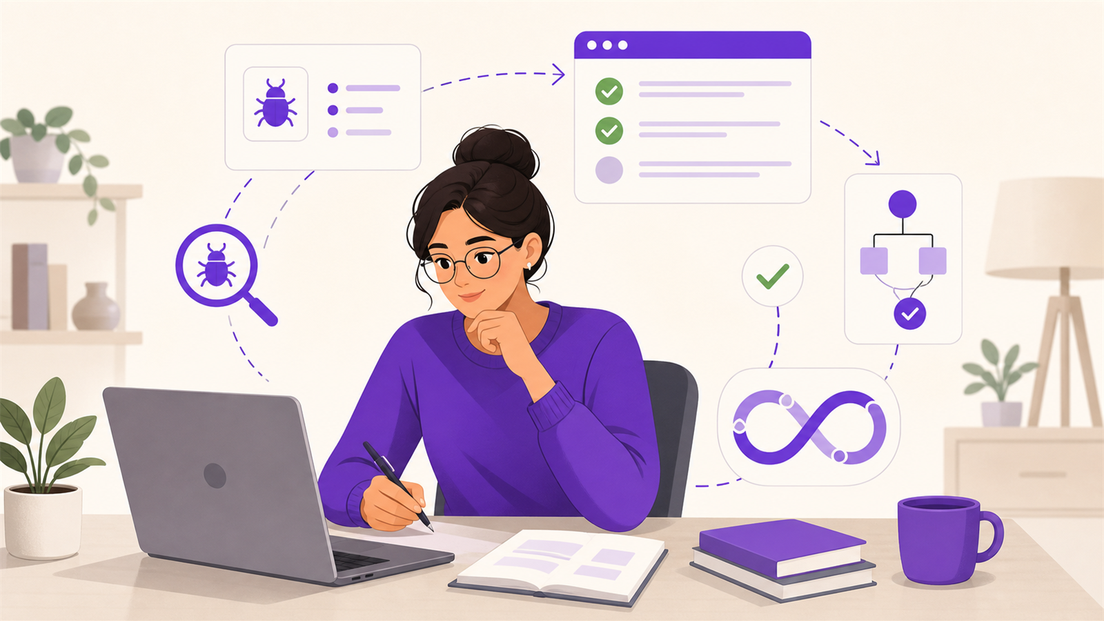 Illustration of a QA engineer preparing for a job interview