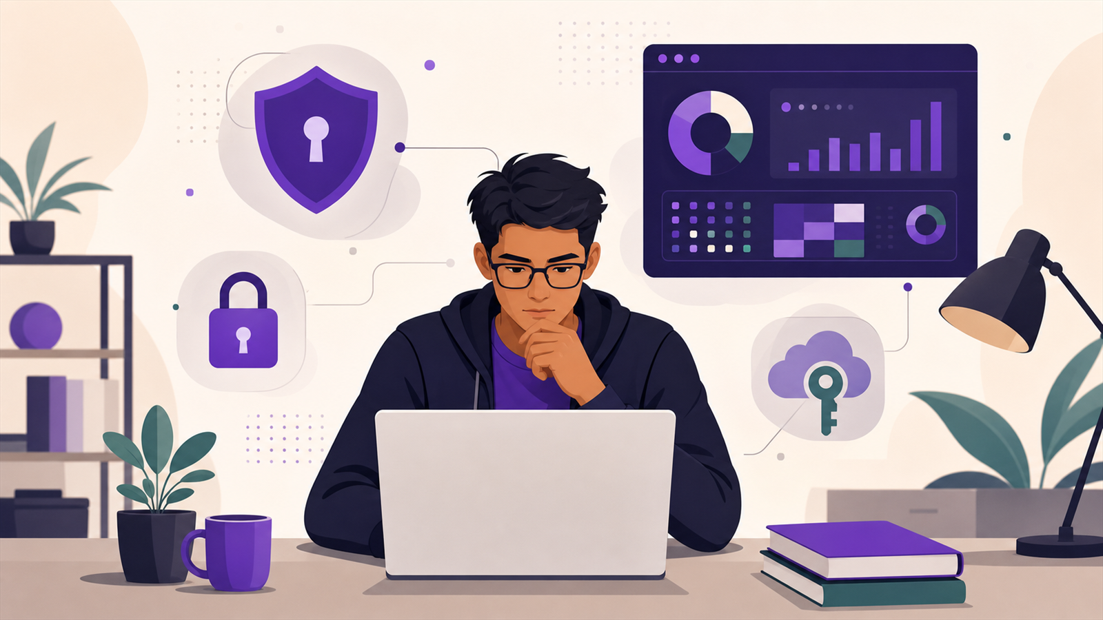 Illustration of a cybersecurity analyst preparing for a job interview