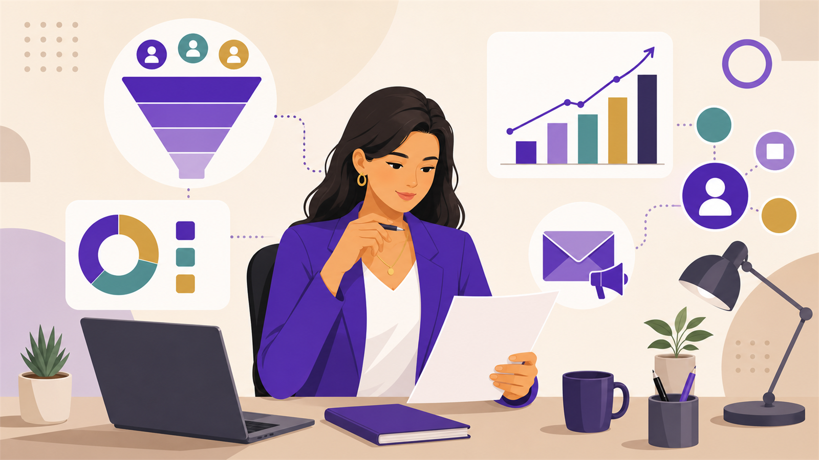Illustration of a digital marketing manager preparing for a job interview